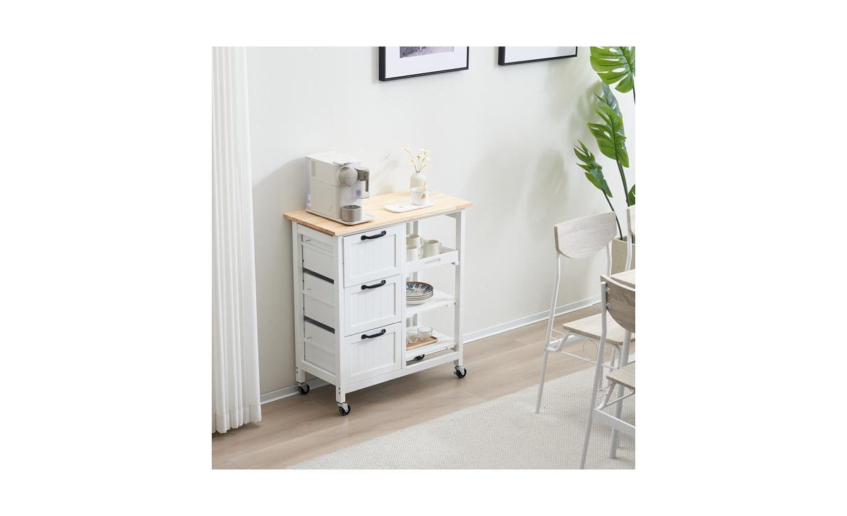 Slickblue 3-Layer Dining Cart with 3 Drawers and Handle Rubber Wood Tabletop