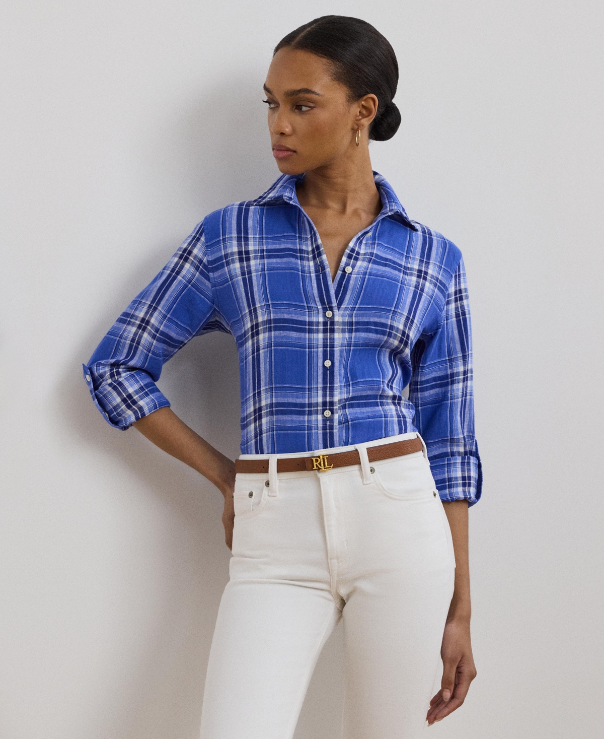 RALPH LAUREN WOMEN'S CLASSIC-FIT PLAID LINEN SHIRT