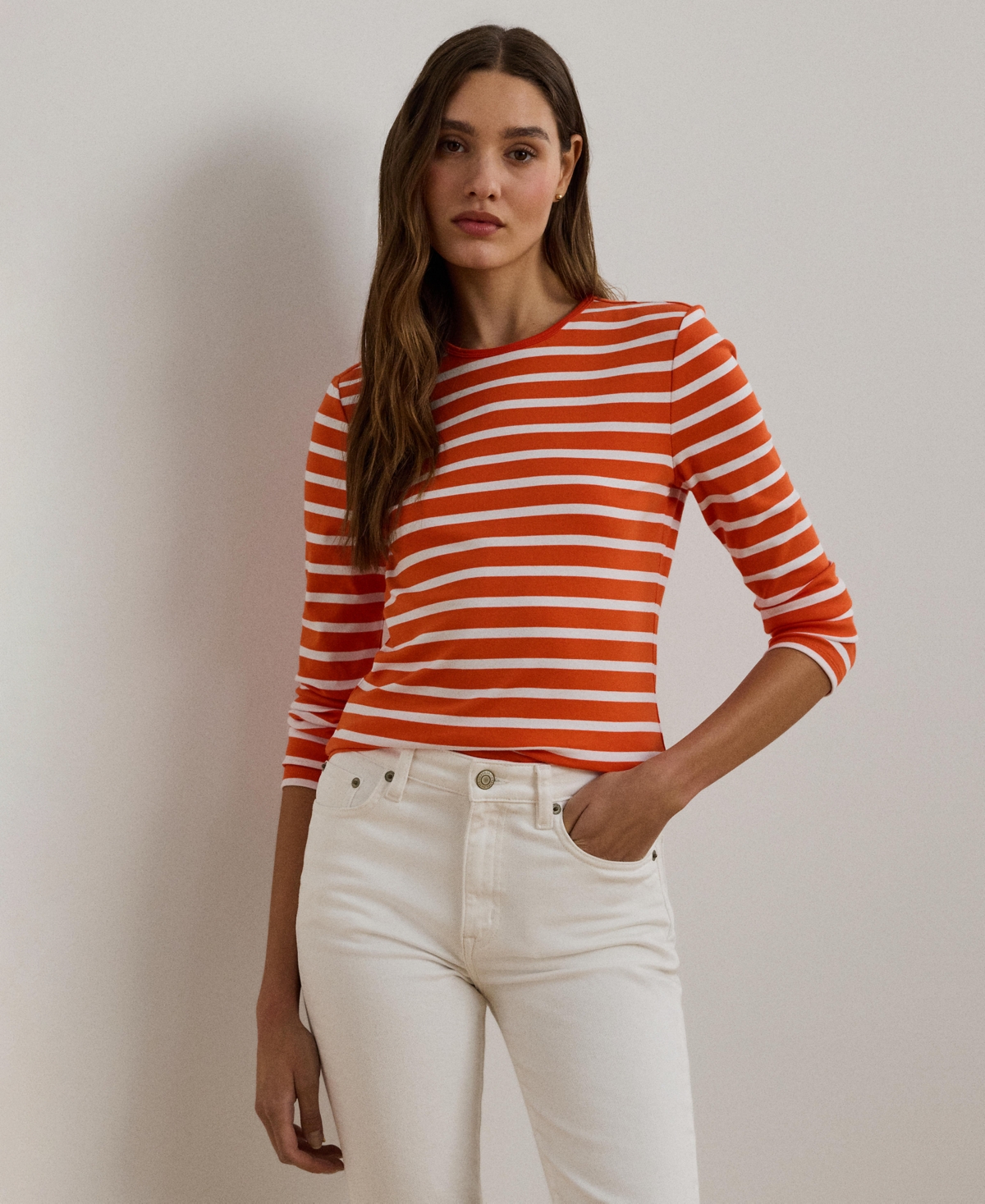 Ralph Lauren Women's Striped Stretch Cotton Long-sleeve Tee In Orange Lily,white