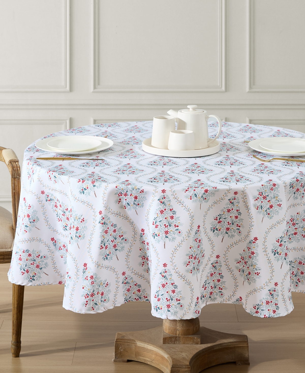Laura Ashley Easy Care Holiday Tablecloth, 70" Round In Tree Trellis