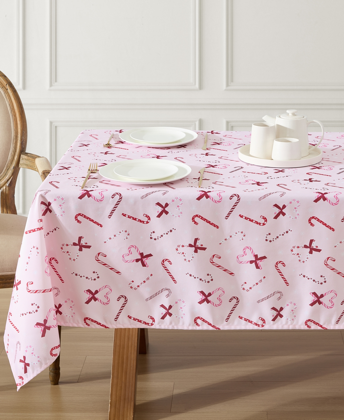 Laura Ashley Easy Care Holiday Tablecloth, 60" X 120" In Pink Peppermint