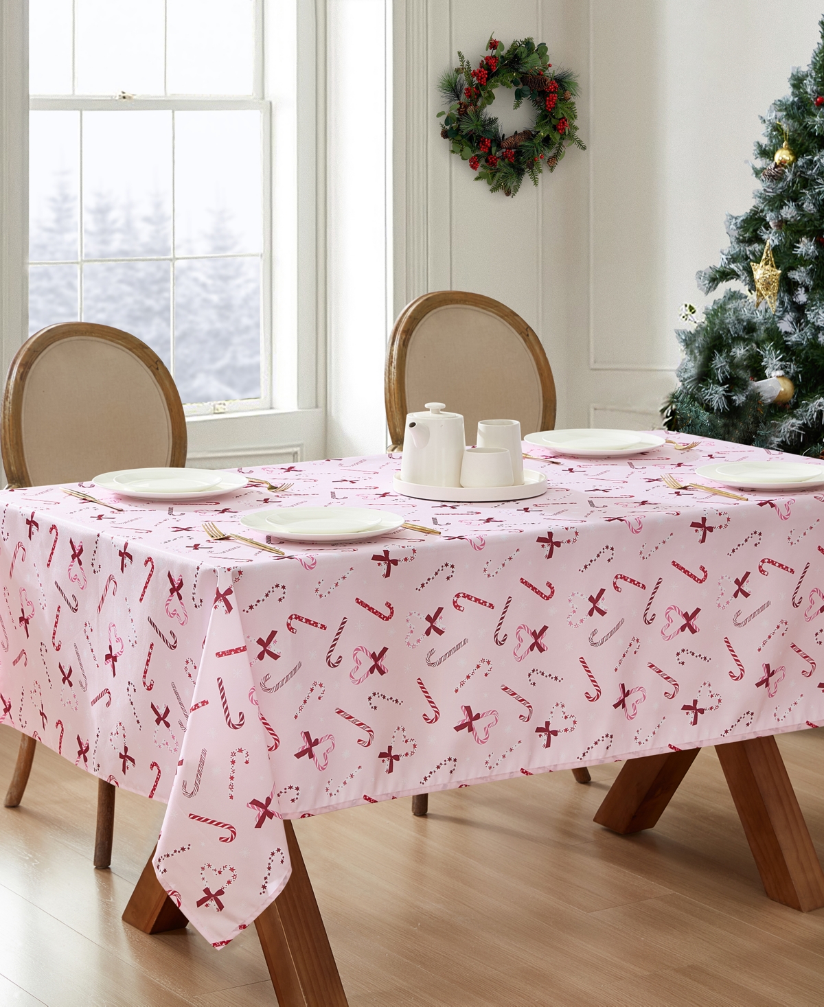 Laura Ashley Easy Care Holiday Tablecloth, 60" X 120" In Pink Peppermint