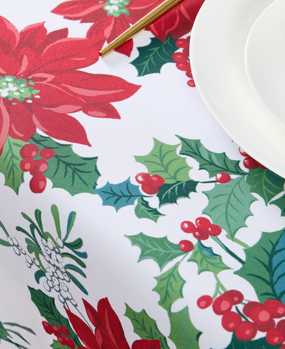 Laura Ashley Easy Care Holiday Tablecloth, 70" Round In Christmas Floral