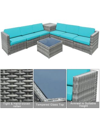 8 Piece Wicker Sofa Rattan Dinning Set Patio Furniture with Storage Table