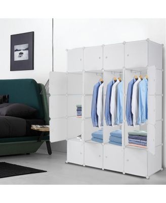 20-Cube Stackable Plastic Organizer Shelves, Multifunctional Modular Closet Cabinet with Hanging Rod in White