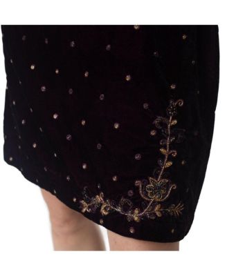 Women's Wine Velvet Dress with Hand Embroidery