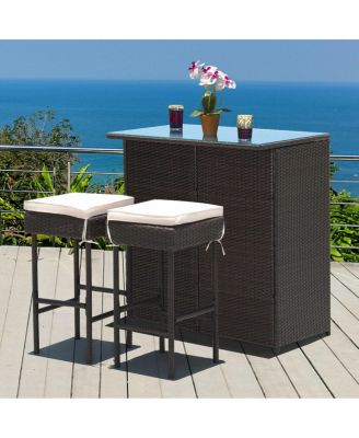 3-piece Rattan Wicker Bar Table Stools Dining Set Cushioned Chairs