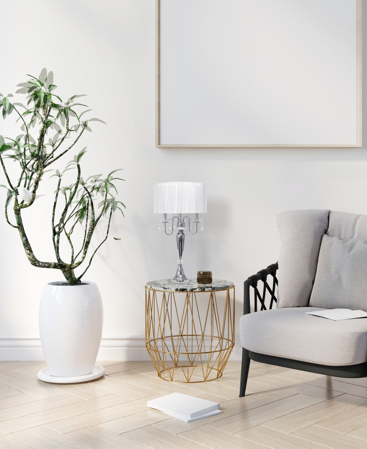 Lalia Home 31" Chrome Cascading Crystal Table Lamp In Chrome,white Shade