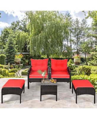 5 Pieces Patio Rattan Sofa Ottoman Furniture Set with Cushions