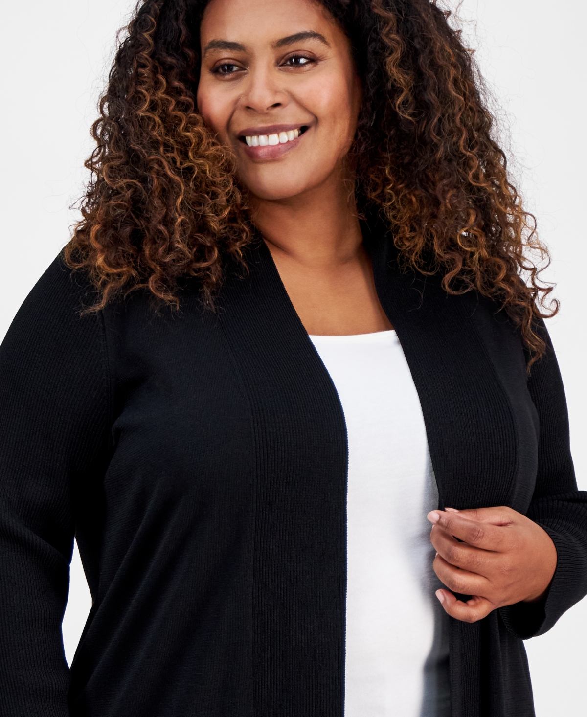 Anne Klein Plus Size Sonoma Open-front Long-sleeve Cardigan In Anne Black