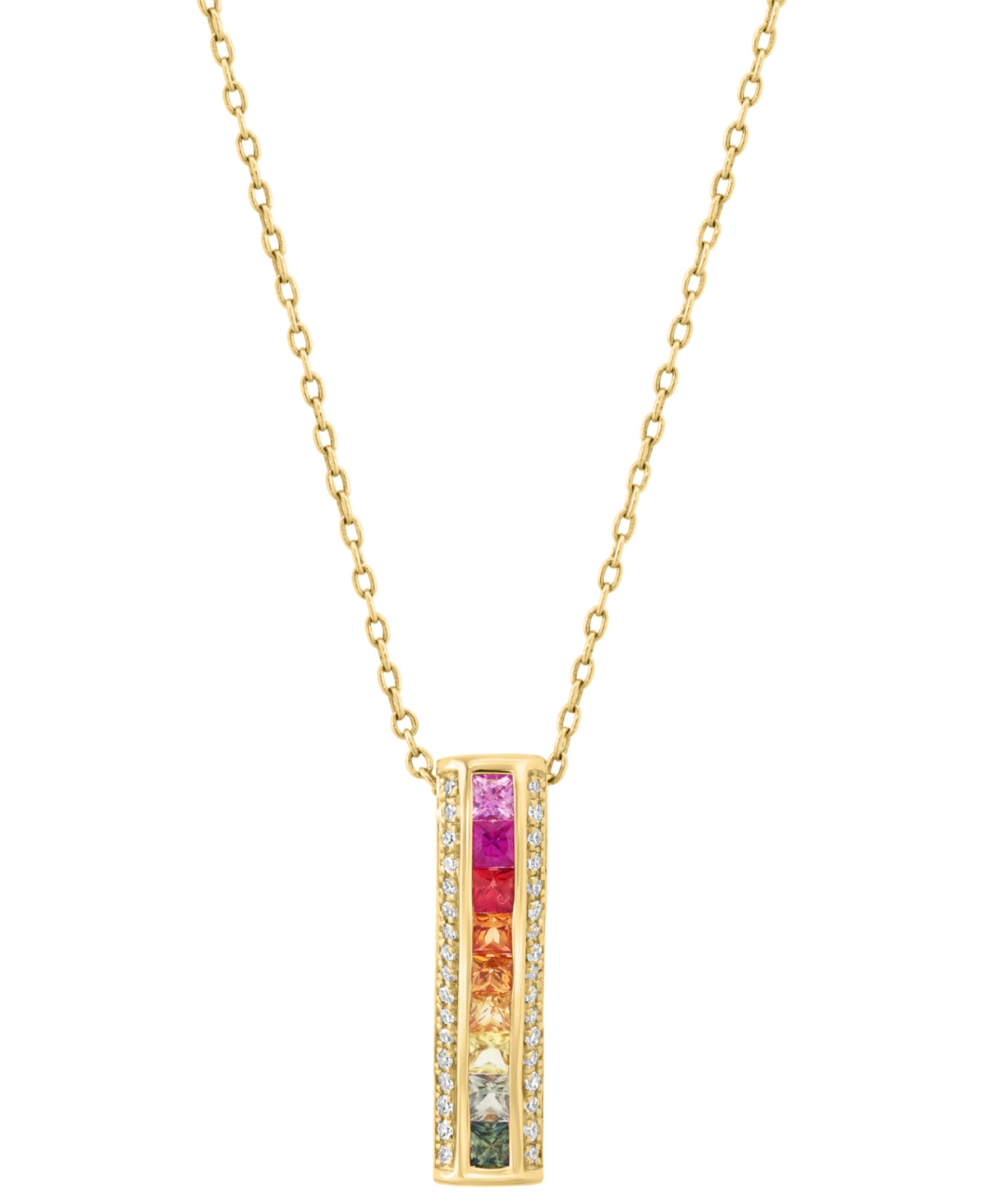 Effy Multi-Sapphire (1/3 ct. t.w.) & Diamond (1/10 ct. t.w.) Bar Pendant Necklace in 14k Yellow Gold, 18" + 1" extender