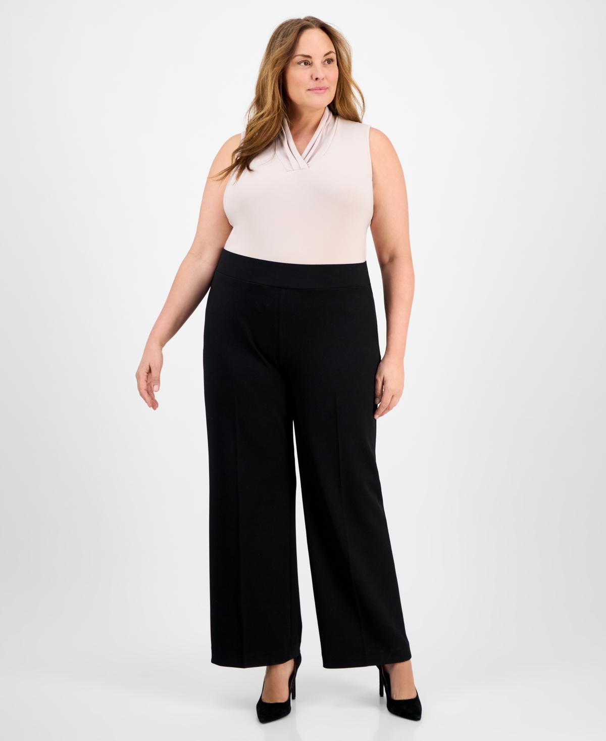 ANNE KLEIN PLUS SIZE PULL-ON WIDE-LEG CREPE PANTS 