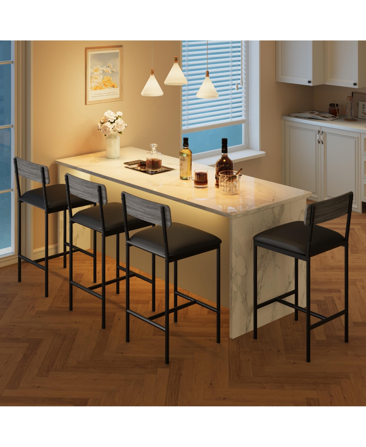gaomon Bar Stools Set of 4, Upholstered Bar Chairs with Back, 25.5 Inches Kitchen Bar Stools with Footrest,- Grey