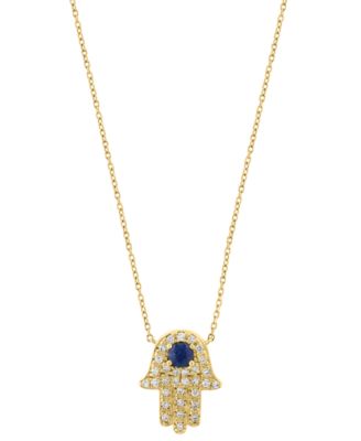 EFFY&reg; Blue Sapphire (1/4 ct. t.w.) & Diamond (1/6 ct. t.w.) Hamsa Hand 18" Pendant Necklace in 14k Yellow Gold