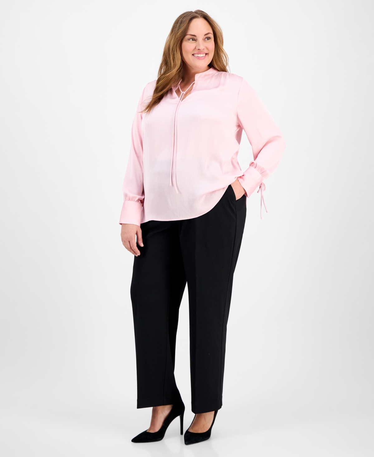 Anne Klein Plus Size Tie-neck Stand-collar Blouse In Peony Pink