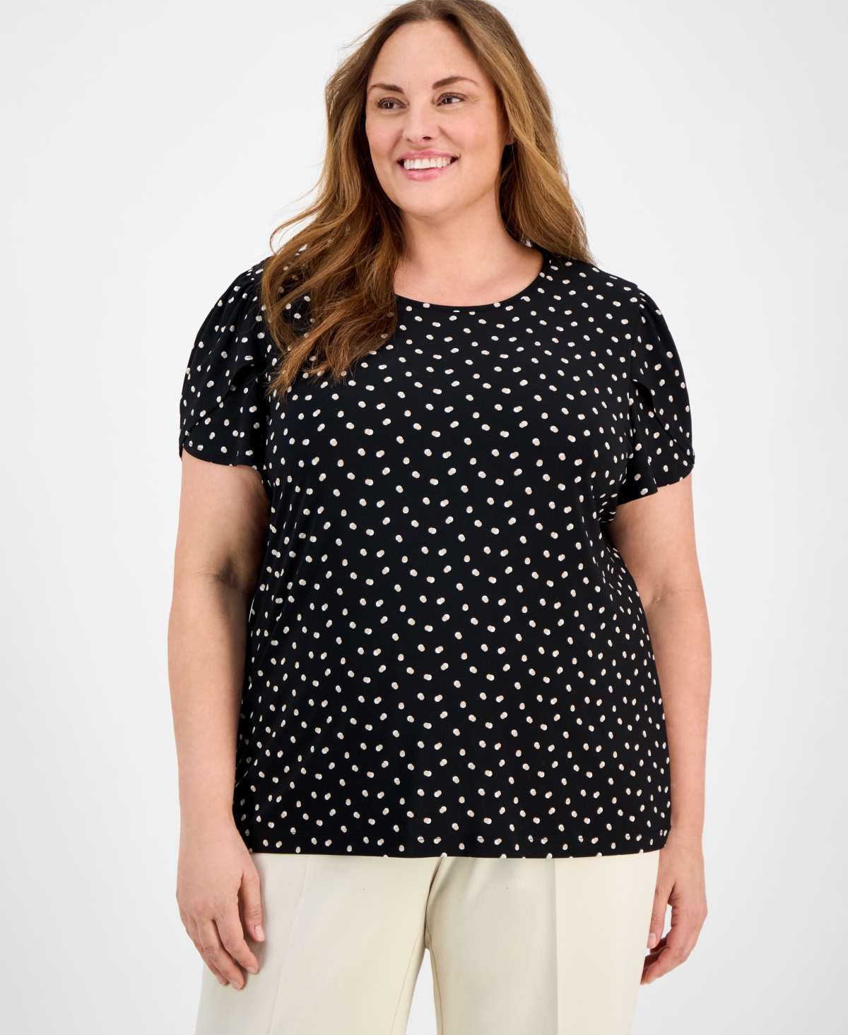 Anne Klein Plus Size Printed Tulip-Sleeve Top - Marina Multi