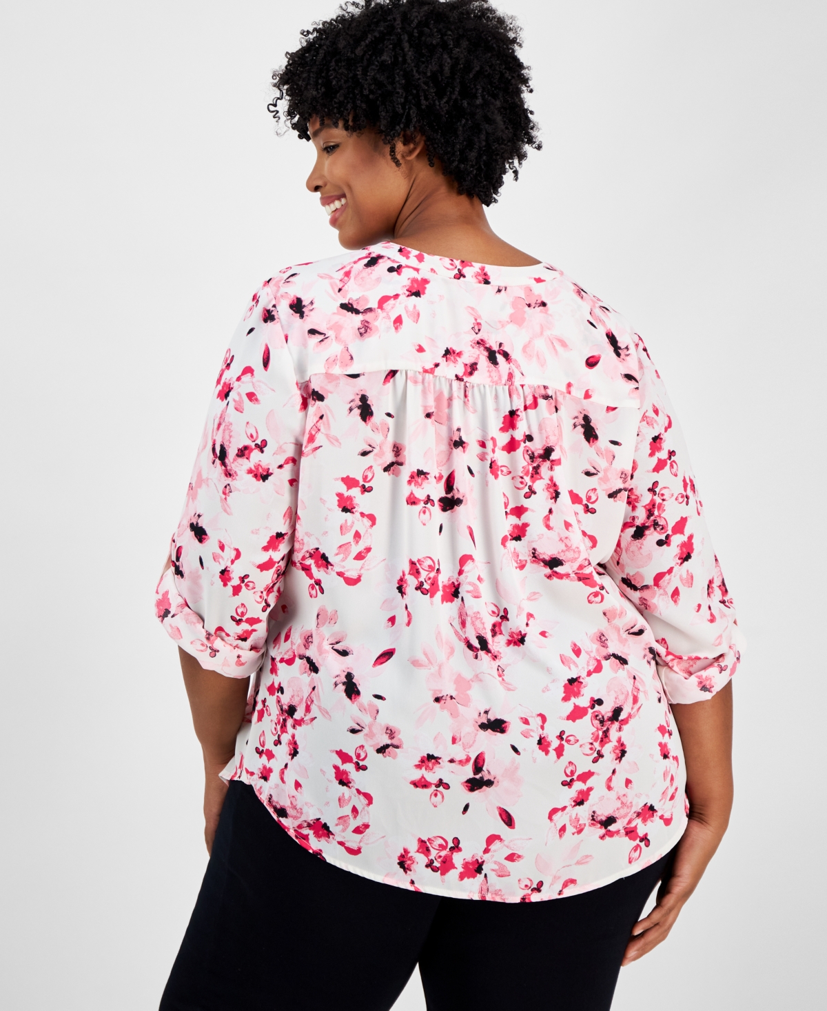 AK ANNE KLEIN PLUS SIZE PRINTED ROLL-TAB-SLEEVE TUNIC 