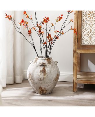 Mottled Brown and White Terracotta 12-Inch Tall Indoor and Outdoor Jug Vase with Handles