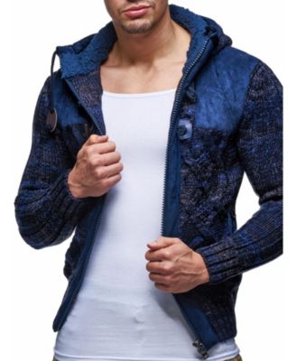 Men's Knit Zip-up Jacket With Geometric Patterns and Leather Accents