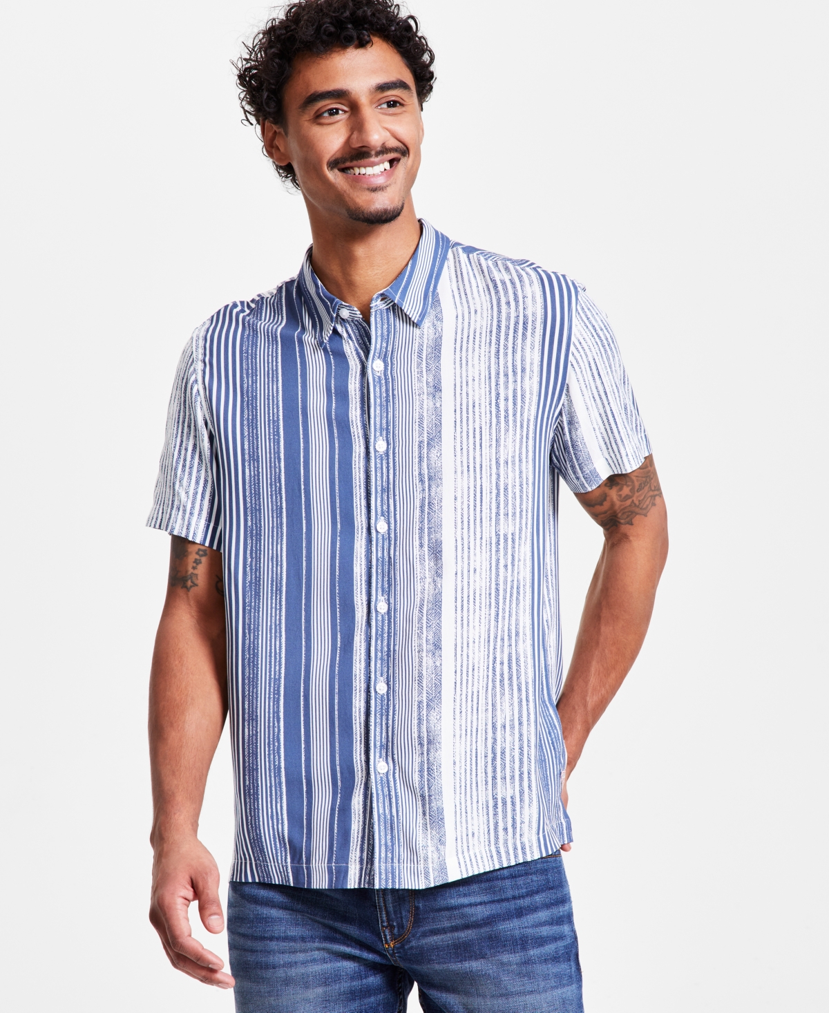 Men's Short Sleeve Striped Button-Front Shirt - Antique Stripe Mojave Stone