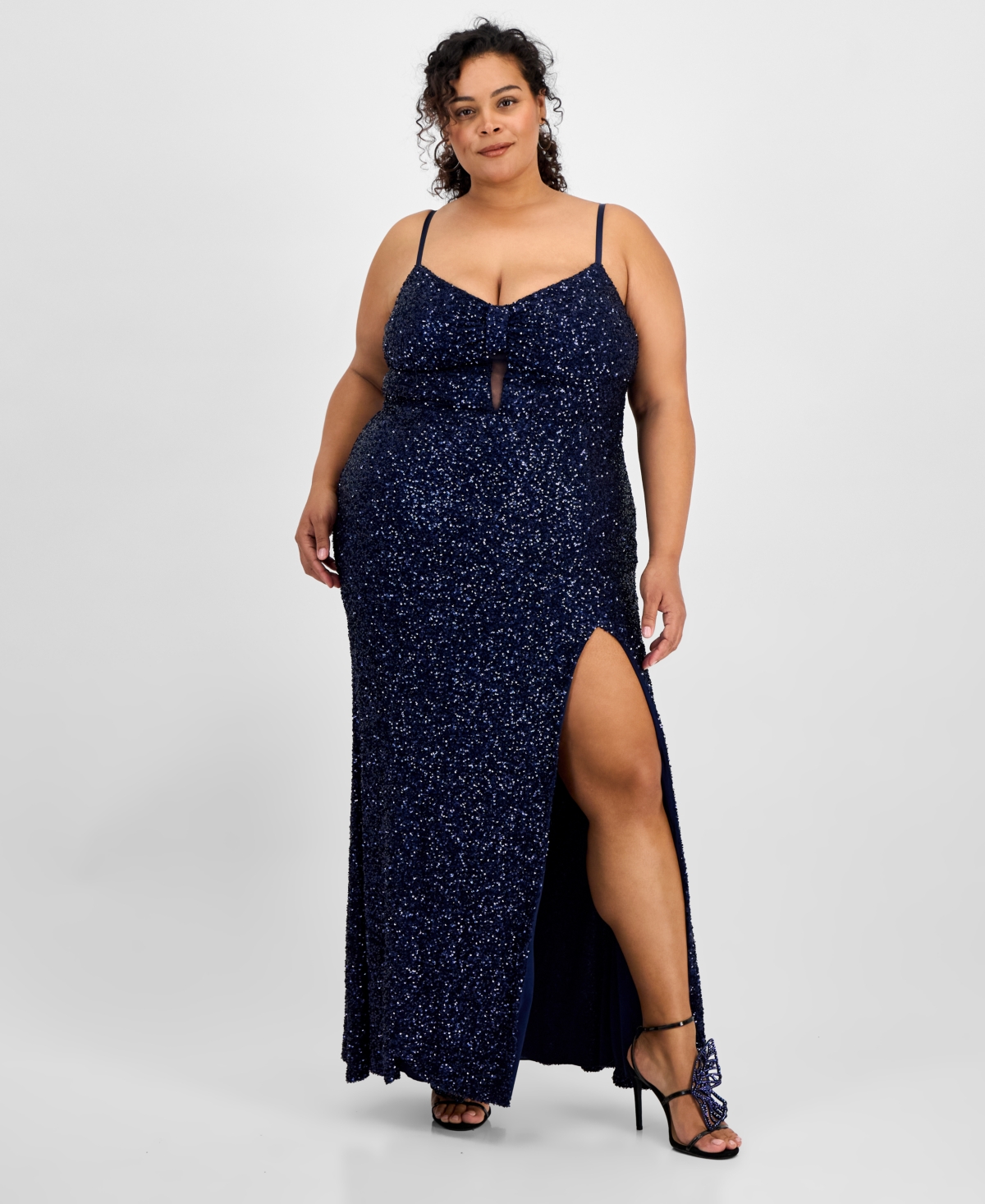 Trendy Plus Size V-Neck Sleeveless Sequin Gown, Created for Macy's - Navy