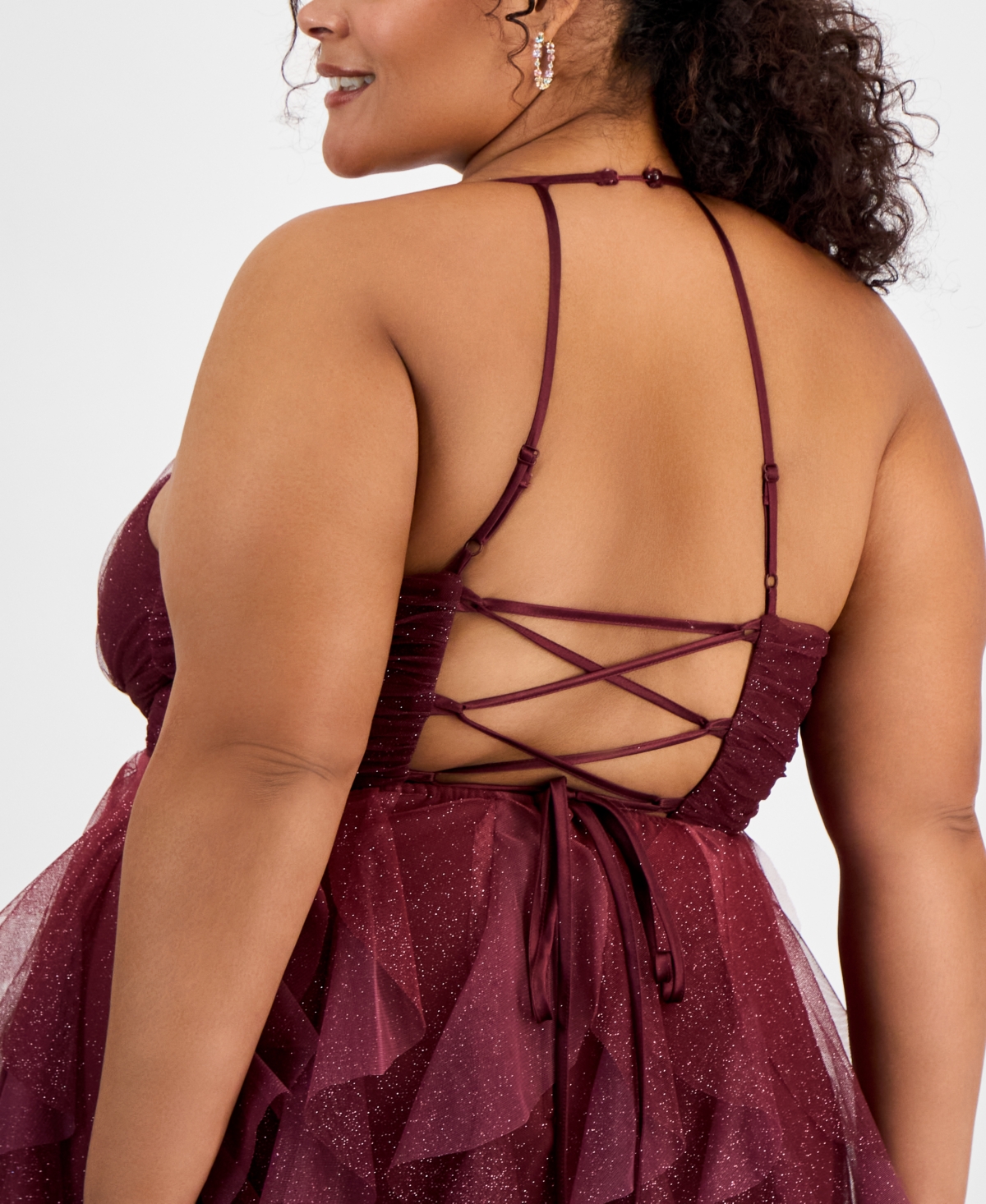 Pear Culture Trendy Plus Size Glitter Mesh Ball Gown In Burg,pink