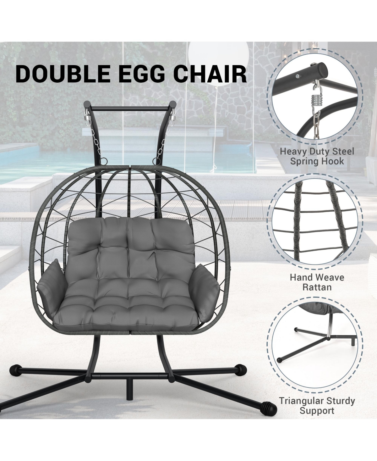Pamapic Outdoor 2-Person Hanging Wicker Double Egg Porch Swing Chair with Stand and Beige Cushion