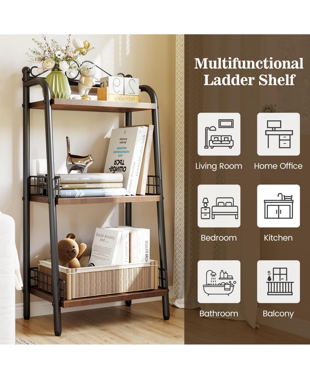 gaomon 3-Tier Bathroom Ladder Shelf, Small Bathroom Organizers and Storage, Small Freestanding Ladder Shelf