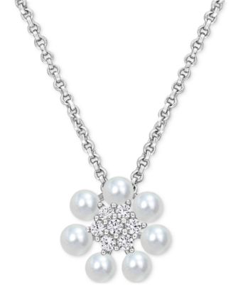 Macy's - Cultured Freshwater Pearl (3-3-1/2mm) and Lab Grown White Sapphire (1/8 ct. t.w.) Flower 18" Pendant Necklace in Sterling Silver