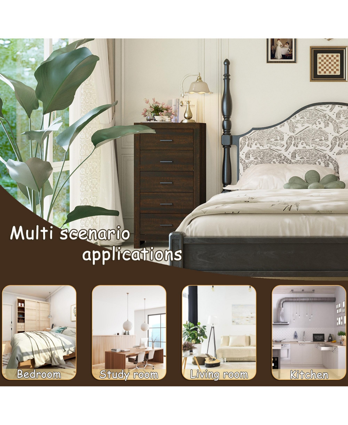 Homsee Brown Wood Accent Storage Dresser Organizer With 5 Drawers