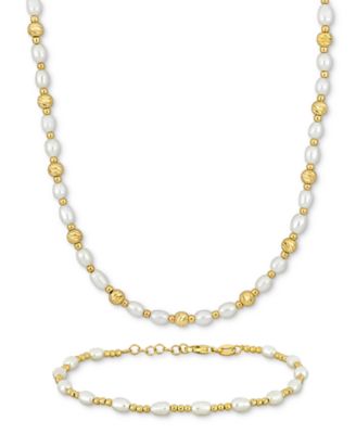 Macy's - 2-Pc. Set Cultured Freshwater Pearl (3-1/2-4mm) Ball Beaded Necklace & Bracelet in 18k Gold-Plated Sterling Silver