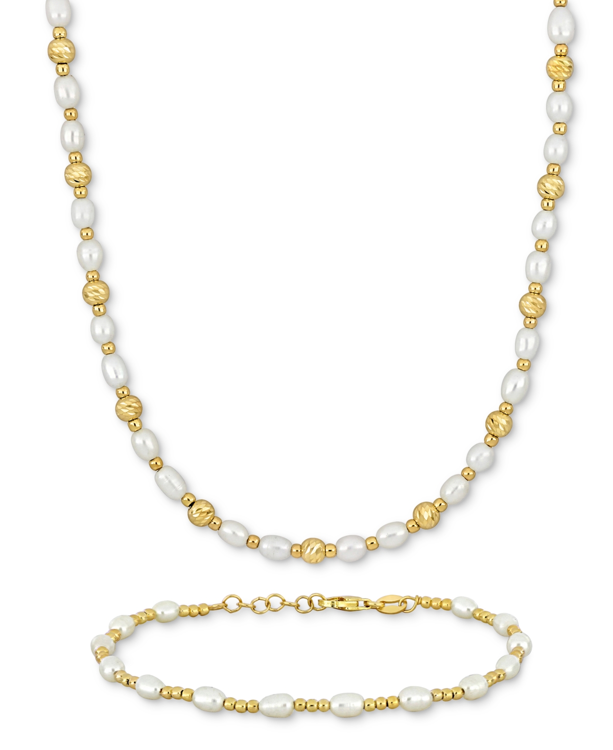 Macy's 2-pc. Set Cultured Freshwater Pearl (3-1/2-4mm) Ball Beaded Necklace & Bracelet In 18k Gold-plated S In White