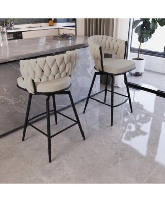 Bar Chair Suede Woven Bar Stool Set of 4,Black legs Barstools No Adjustable Kitchen Island Chairs,360 Swivel Bar Stools Upholstered Bar Chair Counter Stool Arm Chairs with Back Footrest, (White