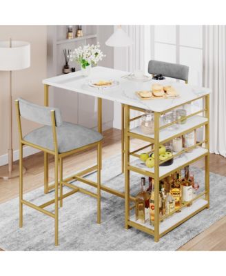 Set for 2  metal Kitchen Table Set with 2 Upholstered Chairs,3 Large Storage Shelves Dining Table