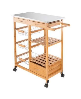 Moveable Kitchen Cart with Stainless Steel Table Top, Three Drawers, and Three Baskets in Burlywood for Versatile Storage and Convenience