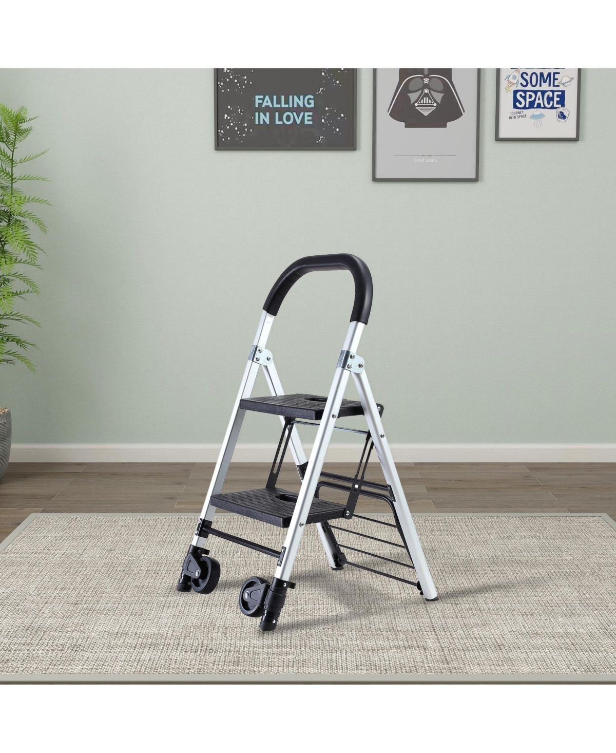 Flynama Portable 4 in. 2 Step Ladder Folding Step Stool, Folding Dual-Purpose Stair Car Tpr Wheels Load Capacity lbs.