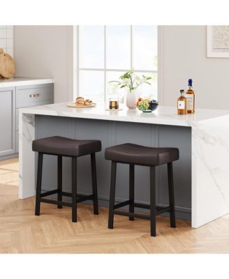 Set of 2 Ergonomic 24" Counter Height Bar Stools with Curved PU Leather Seat, Metal Frame, Integrated Footrest, Supports 240 lbs