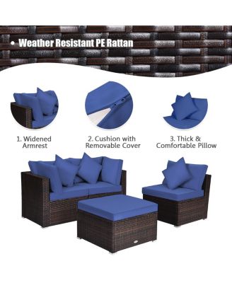 4 Pieces Ottoman Garden Patio Rattan Wicker Furniture Set with Cushion-Navy