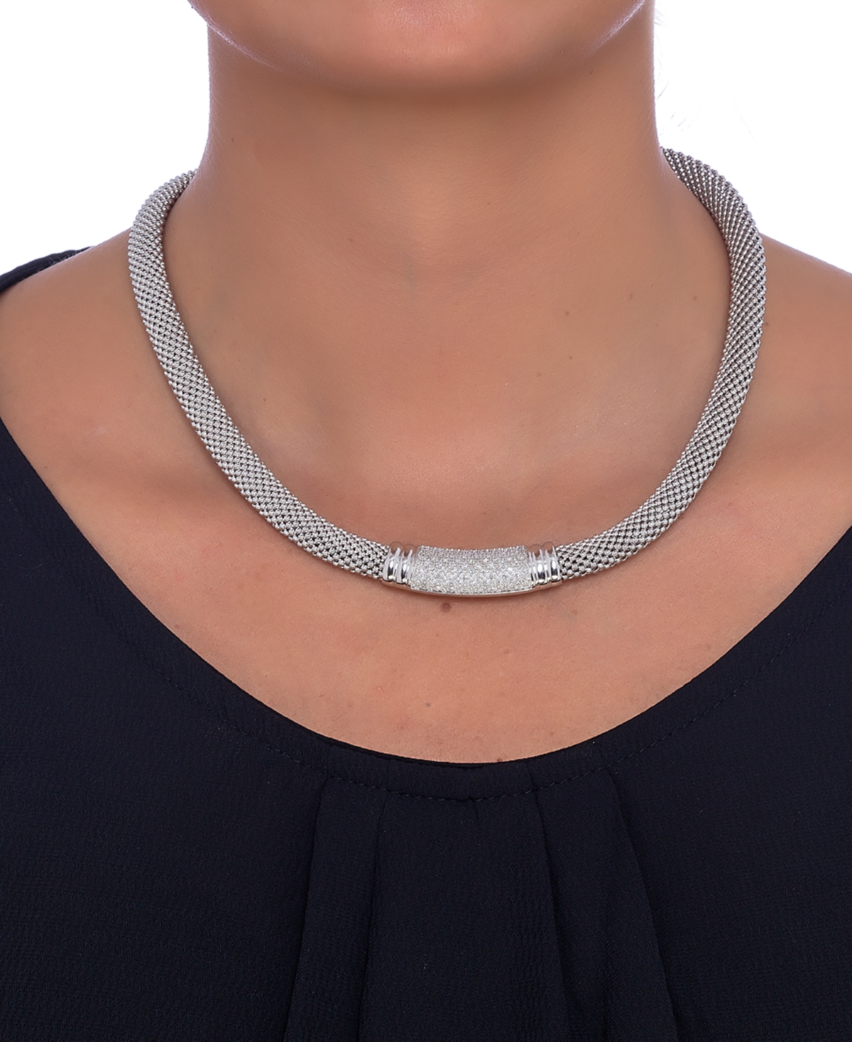 MACY'S DIAMOND PAVE DEW DROP BAR MESH 18" COLLAR NECKLACE (3/4 CT. T.W.) IN STERLING SILVER 