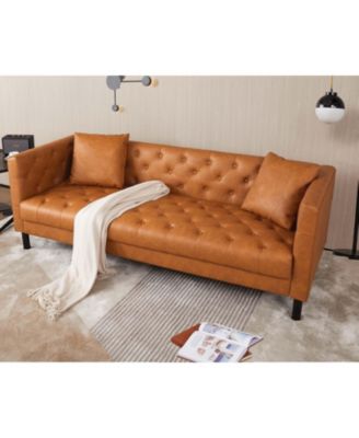 3 Seater Sofa with Tufted Back, Grain Leather Couch with Feather, Vintage Faux Leather
