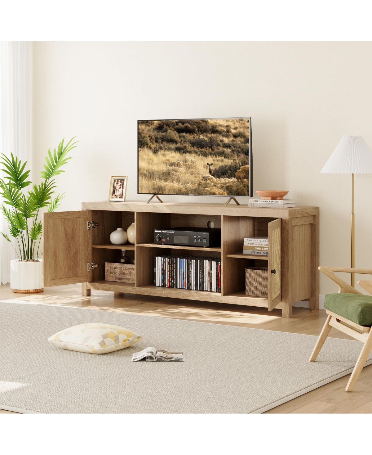 gaomon Tv Stand for Tv, Rattan Entertainment Center with Storage, Wood Tv & Media Console