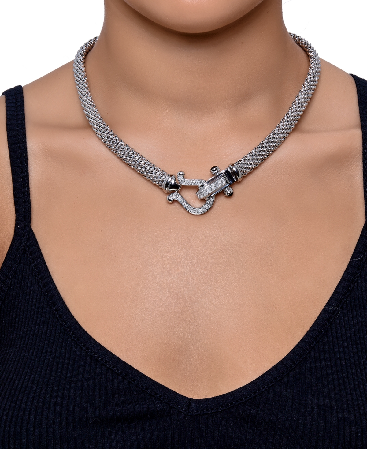 Macy's Diamond Horseshoe Clasp Mesh Link 17" Collar Necklace (5/8 Ct. T.w.) In Sterling Silver Or 14k Gold- In Sterling Silver