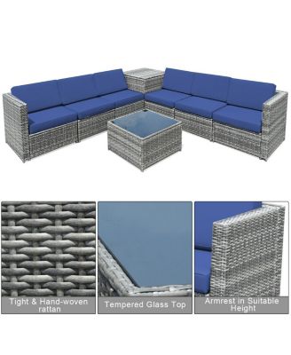 8 Piece Wicker Sofa Rattan Dinning Set Patio Furniture with Storage Table-Navy