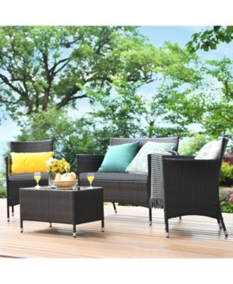 4 Pieces Comfortable Outdoor Rattan Sofa Set with Glass Coffee Table-Gray