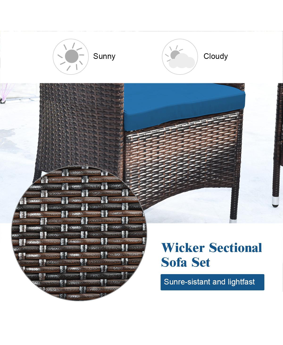 Sugift 4 Pieces Comfortable Outdoor Rattan Sofa Set with Glass Coffee Table-Peacock- Blue