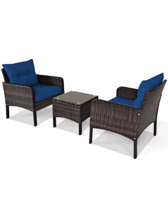 3 Pieces Outdoor Patio Rattan Conversation Set with Seat Cushions-Navy