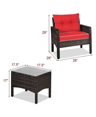 3 Pcs Outdoor Patio Rattan Conversation Set with Seat Cushions-Red