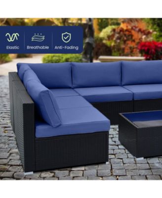 10 Piece Outdoor Wicker Conversation Set with Seat and Back Cushions-Navy