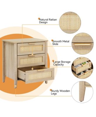 Nightstand, Rattan End Table, Nightstands with 3 Natural Rattan Drawers, Strong Support Wooden Structure, Side Table
