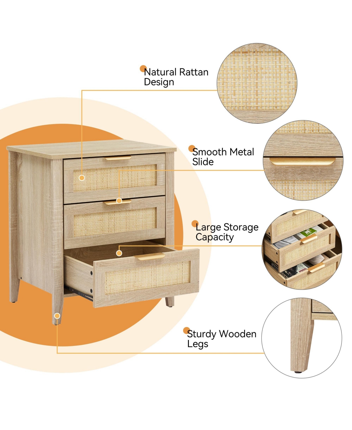 gaomon Nightstand, Rattan End Table, Nightstands with 3 Natural Rattan Drawers, Strong Support Wooden Structure, Side Table